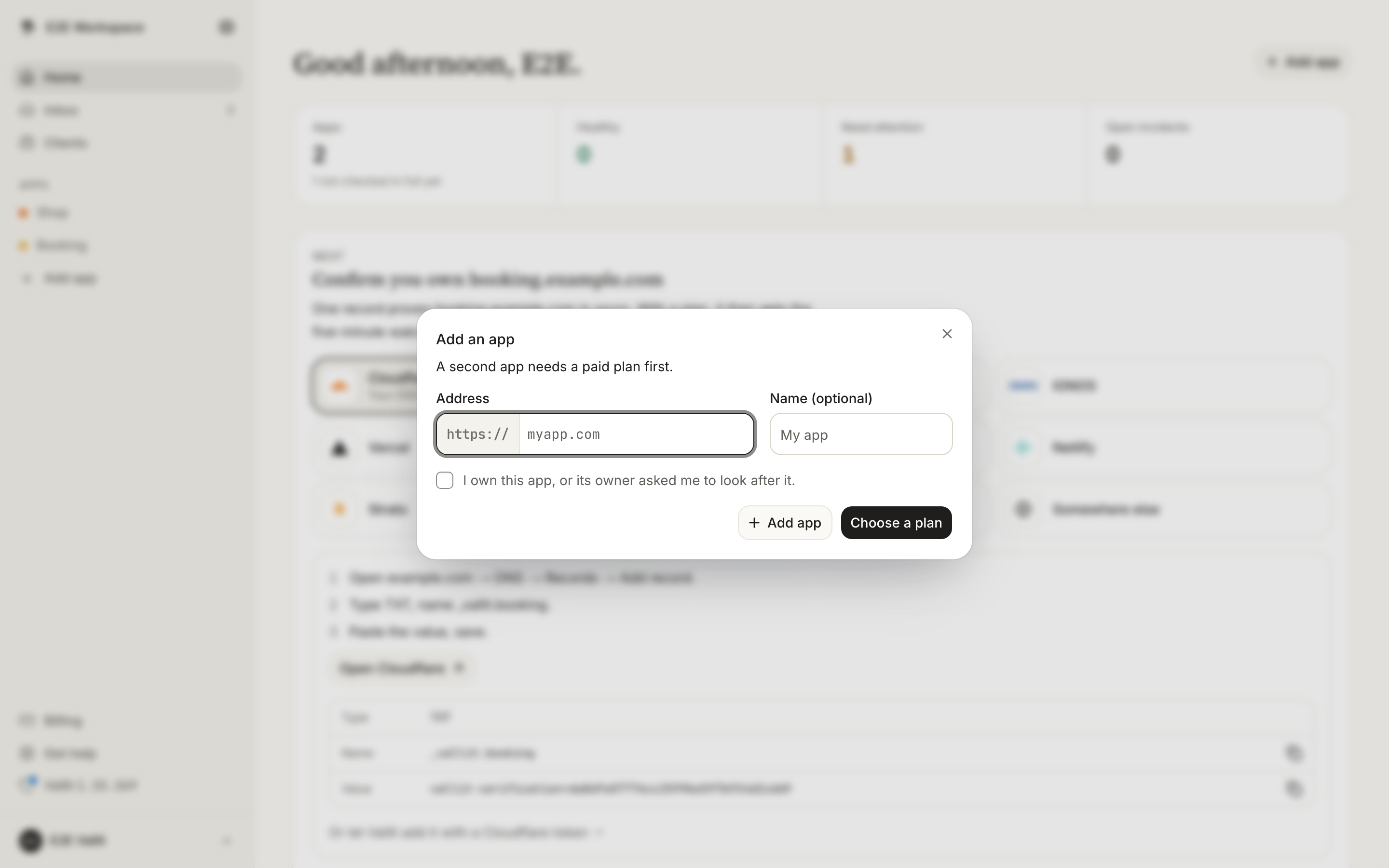 The Add an app dialog: the Address field with its fixed https:// part (2), the ownership box (3) and the Add app button (4).