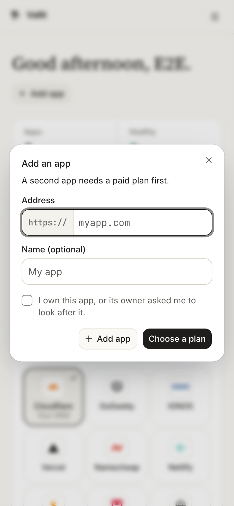 The Add an app dialog: the Address field with its fixed https:// part (2), the ownership box (3) and the Add app button (4). On a phone.