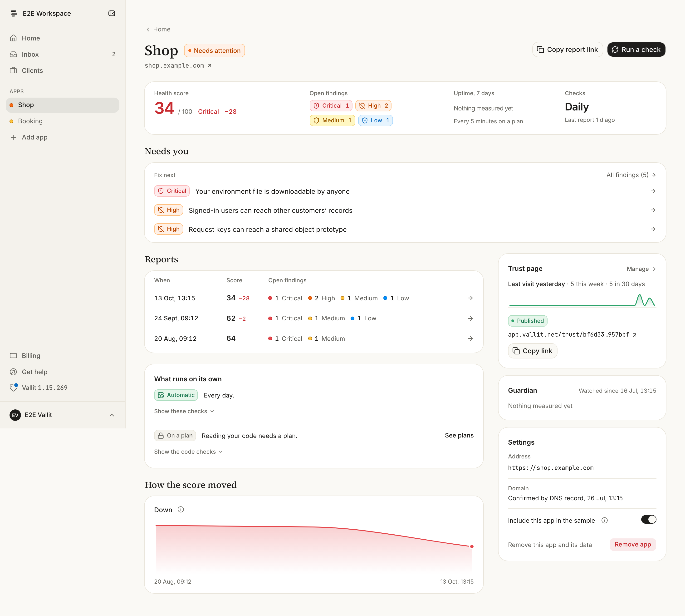 An app's page: the Run a check button (6), the band with the score (7), Needs you (8), the Reports table (9), How the score moved (10) and the Trust page card (11).