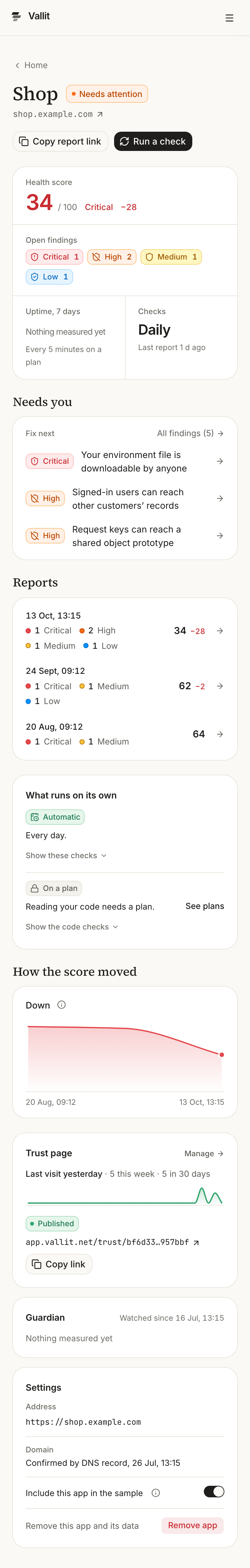 An app's page: the Run a check button (6), the band with the score (7), Needs you (8), the Reports table (9), How the score moved (10) and the Trust page card (11). On a phone.