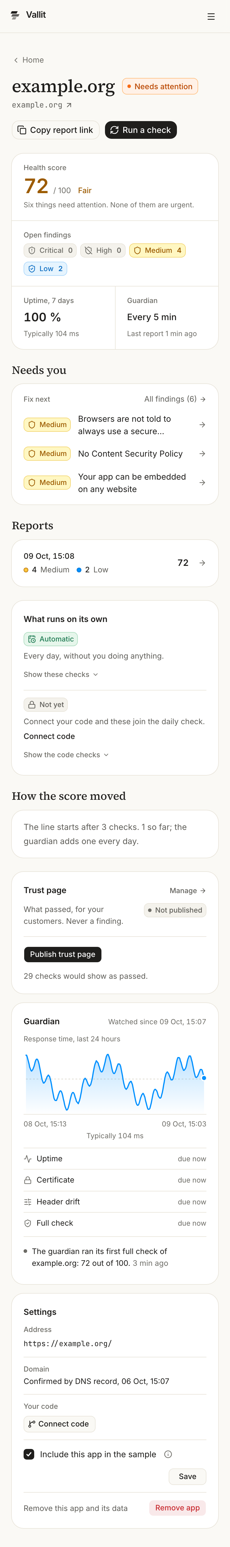 An app's page: the band with the guardian's schedule (2), the Guardian card with its checks and its log (4) and the Needs you list (6). On a phone.