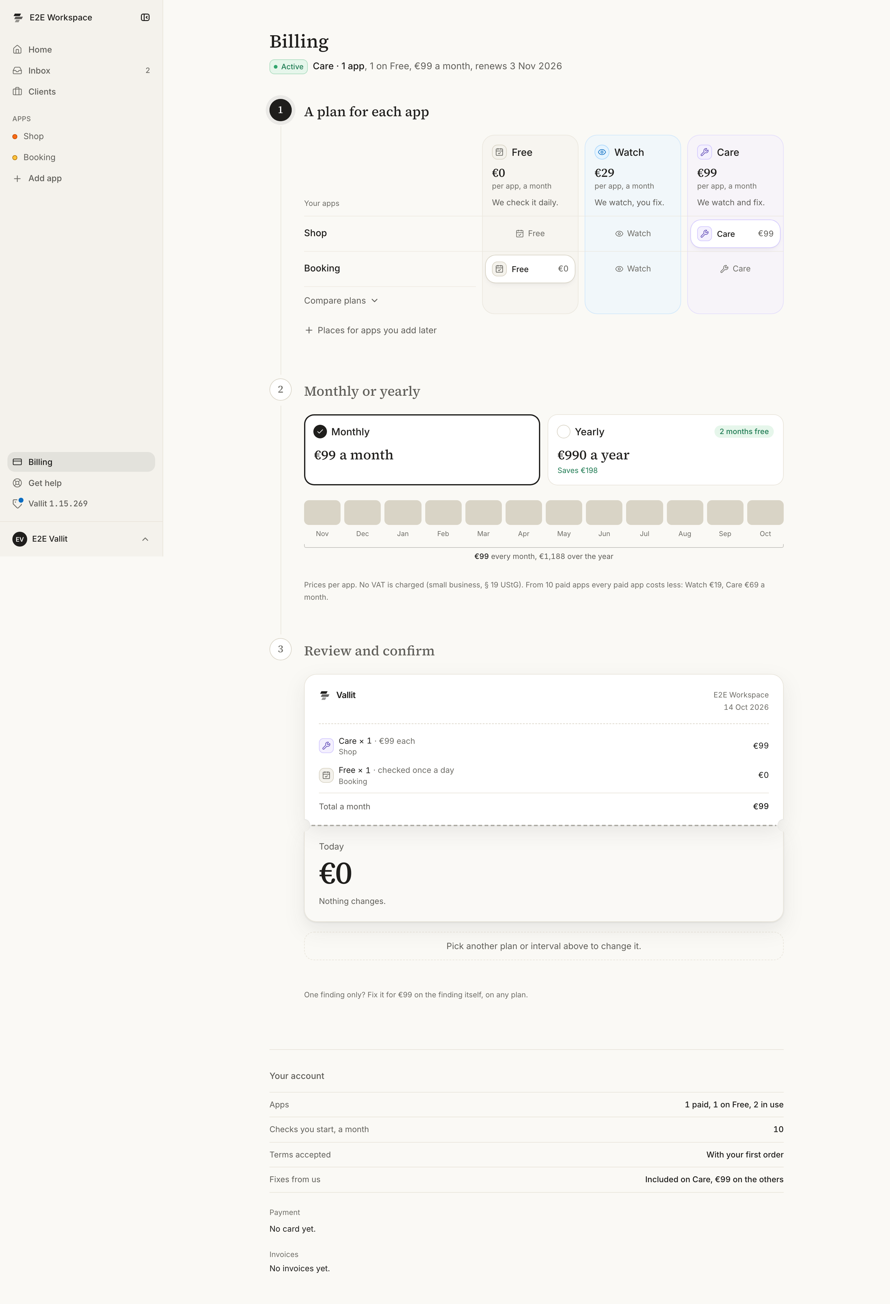 The Billing page of a company with one app on Care, one on Watch and one on Free: the plan's state, apps and renewal date under the title (1), the apps in the Free, Watch and Care lanes (2), Compare plans under the apps (3), monthly or yearly with twelve months below (4), the receipt with what is charged today (5), and your apps, checks, the Terms you accepted and fixes under Your account (6).