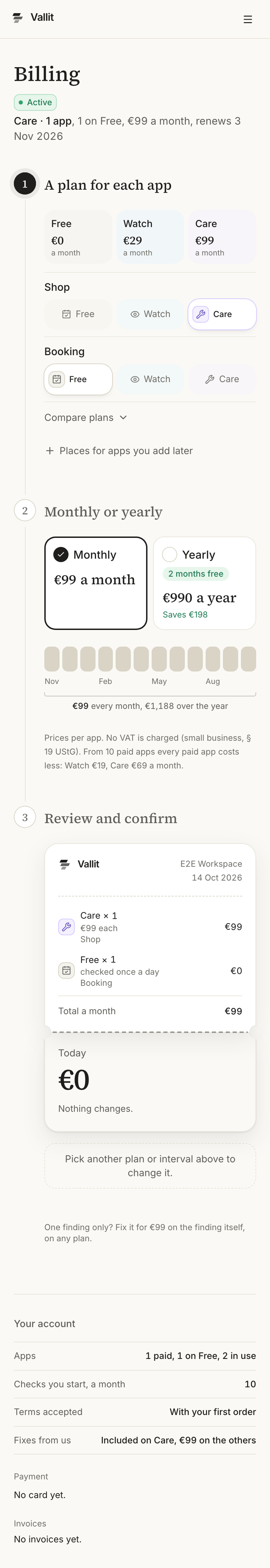 The Billing page of a company with one app on Care, one on Watch and one on Free: the plan's state, apps and renewal date under the title (1), the apps in the Free, Watch and Care lanes (2), Compare plans under the apps (3), monthly or yearly with twelve months below (4), the receipt with what is charged today (5), and your apps, checks, the Terms you accepted and fixes under Your account (6). On a phone.
