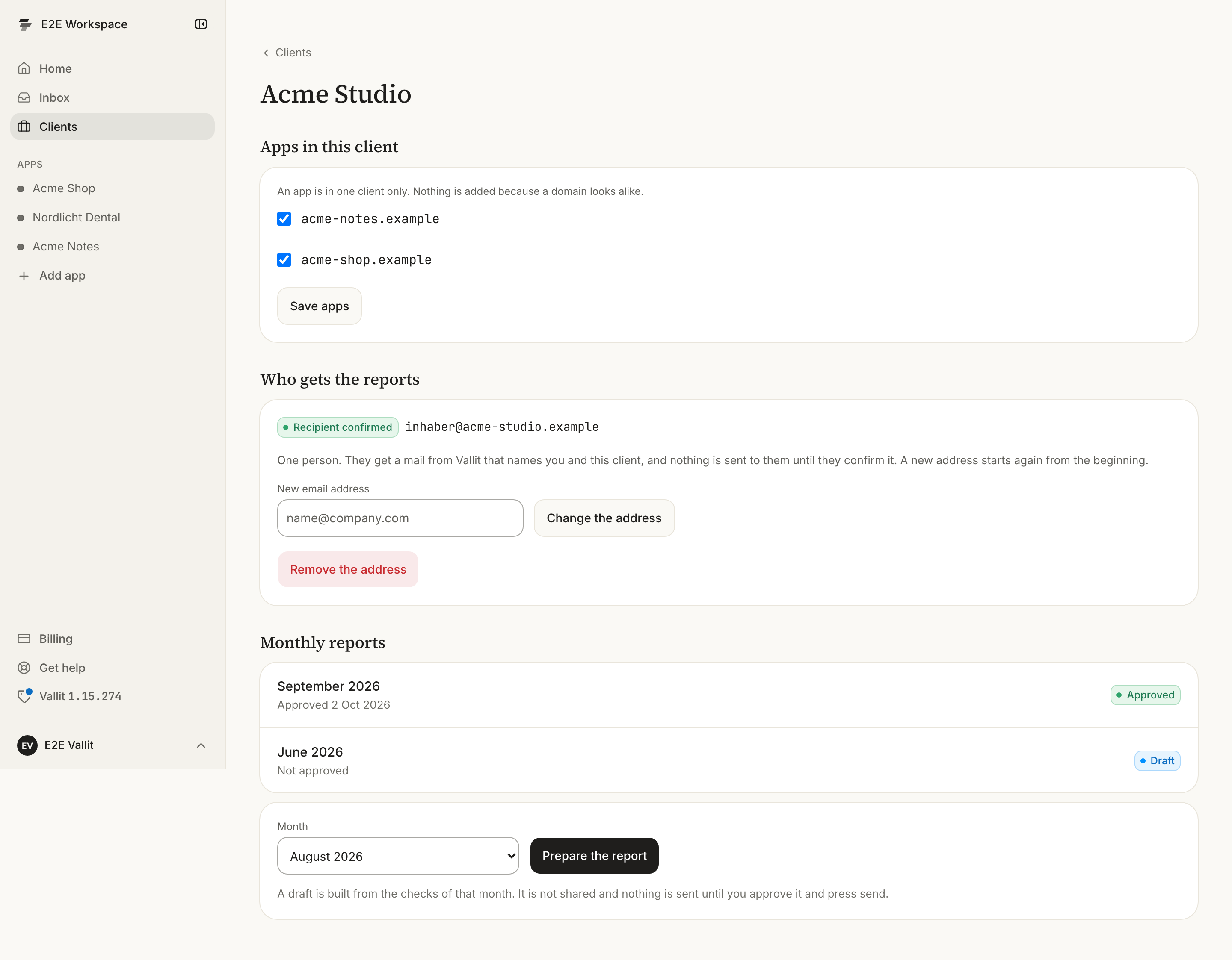 The client's page: the apps to tick (2), the recipient and its state (3) and the month to prepare (4).