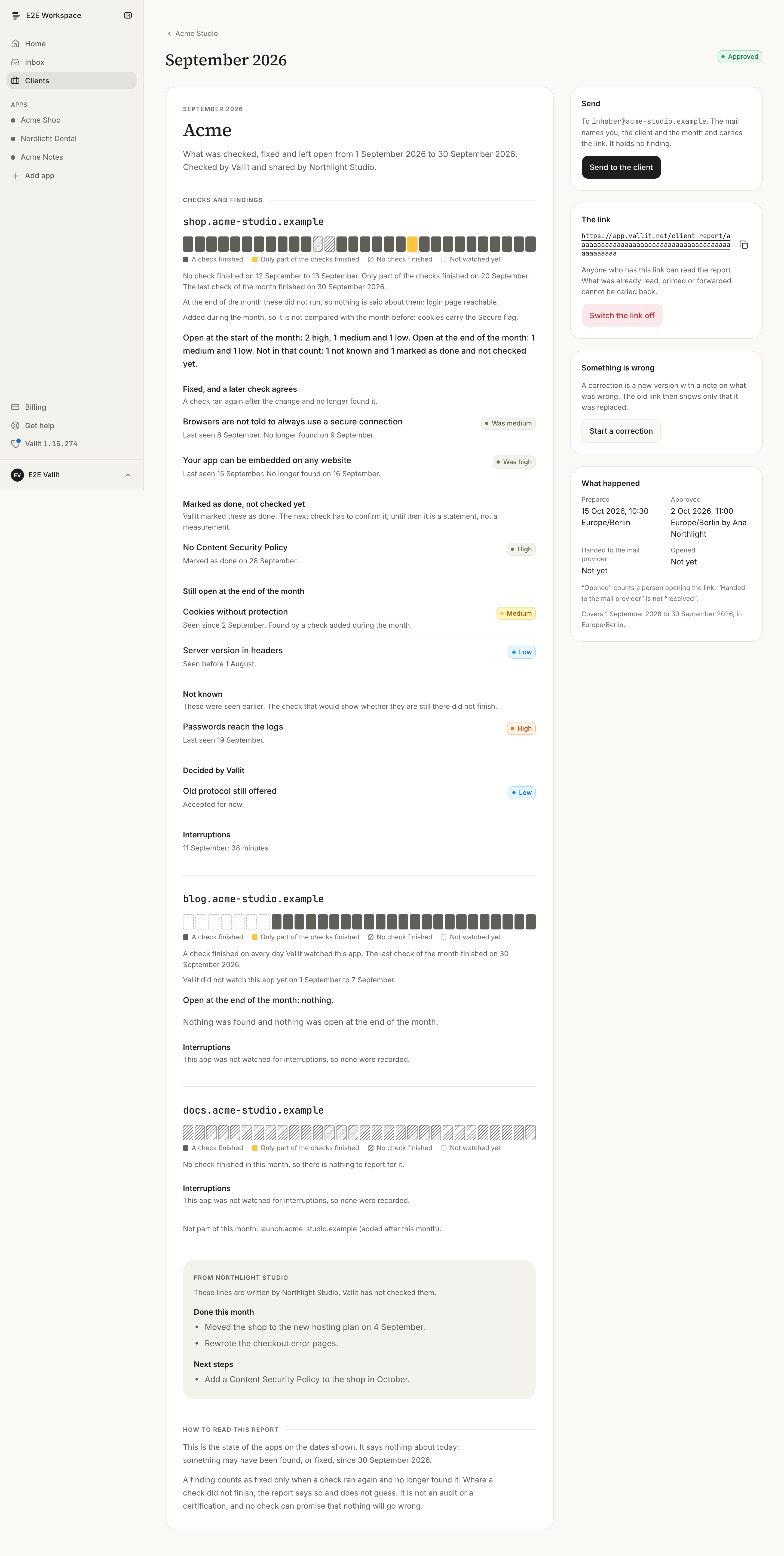 An approved report: the Send box (7), the correction box (8) and the link with the button that switches it off (9).