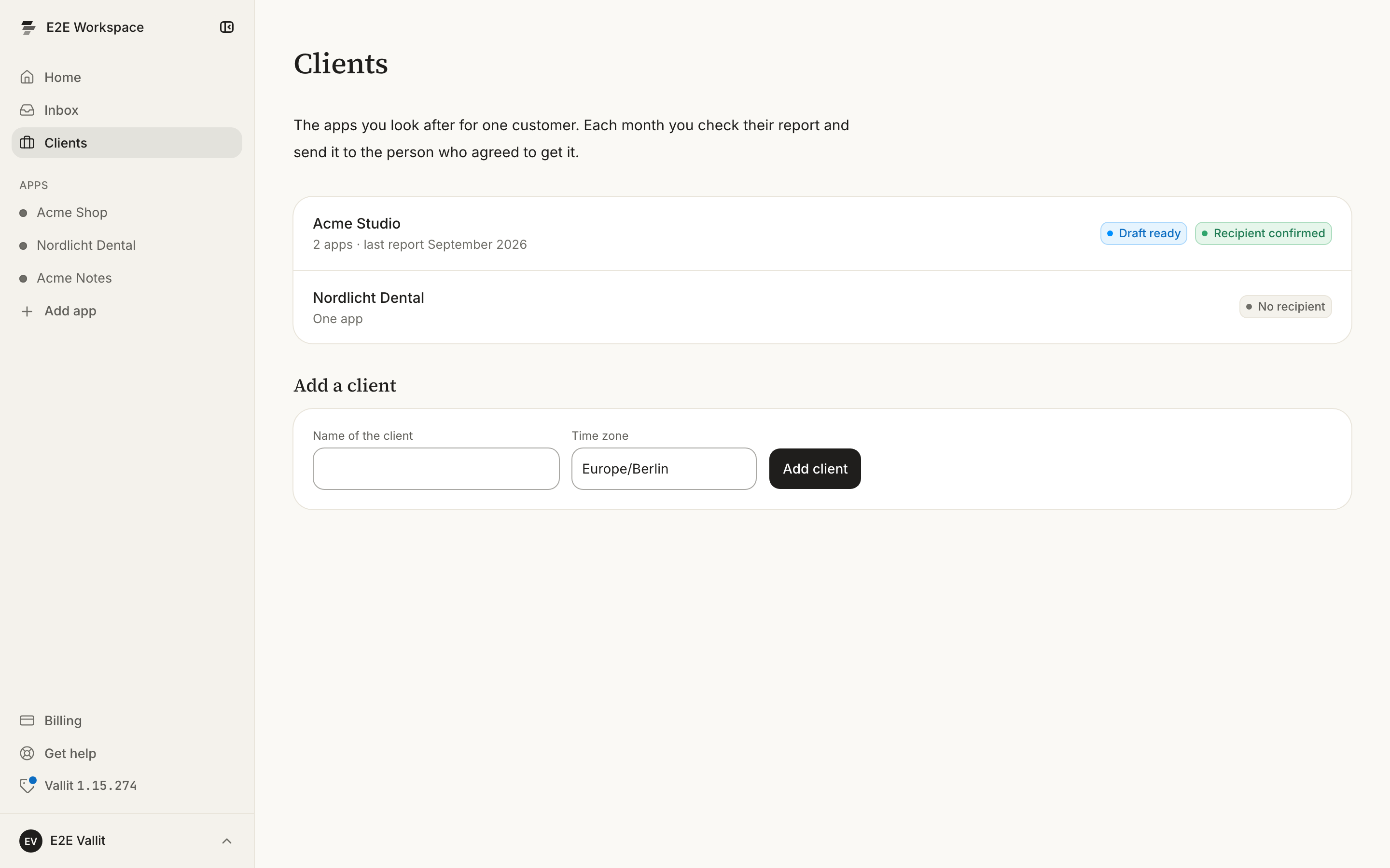 The Clients page with the list ringed: each client with its number of apps, whether a draft waits and the state of its recipient.