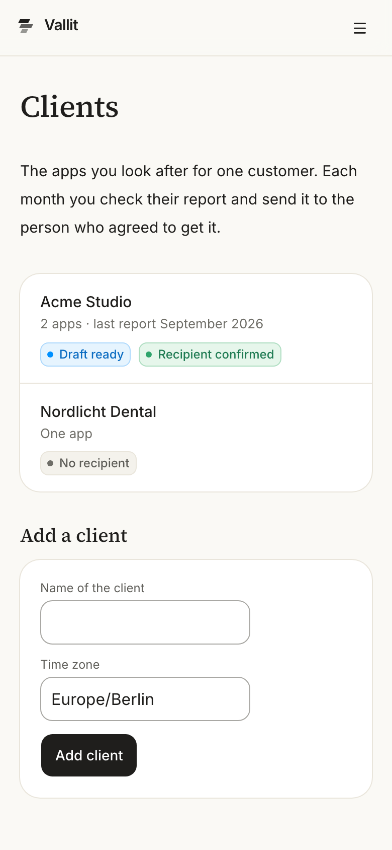 The Clients page with the list ringed: each client with its number of apps, whether a draft waits and the state of its recipient. On a phone.