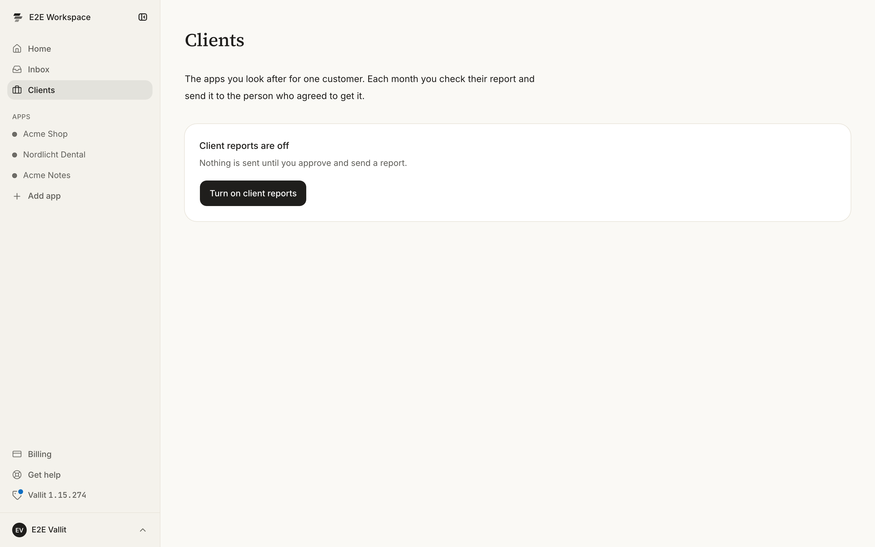 The Clients page while client reports are off, with the Turn on client reports button ringed.