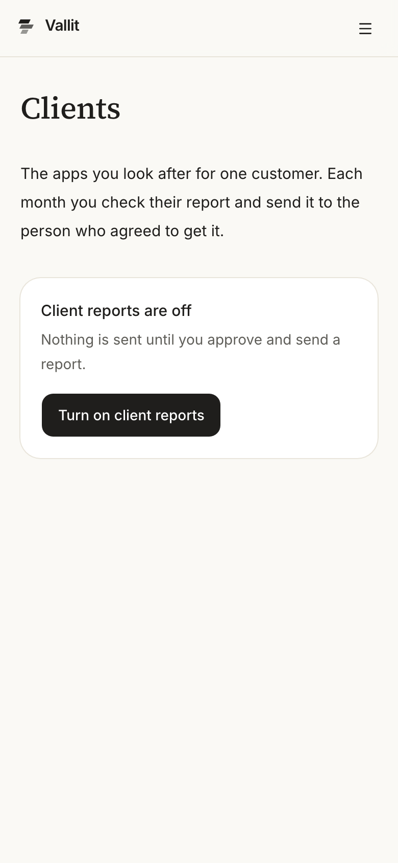 The Clients page while client reports are off, with the Turn on client reports button ringed. On a phone.