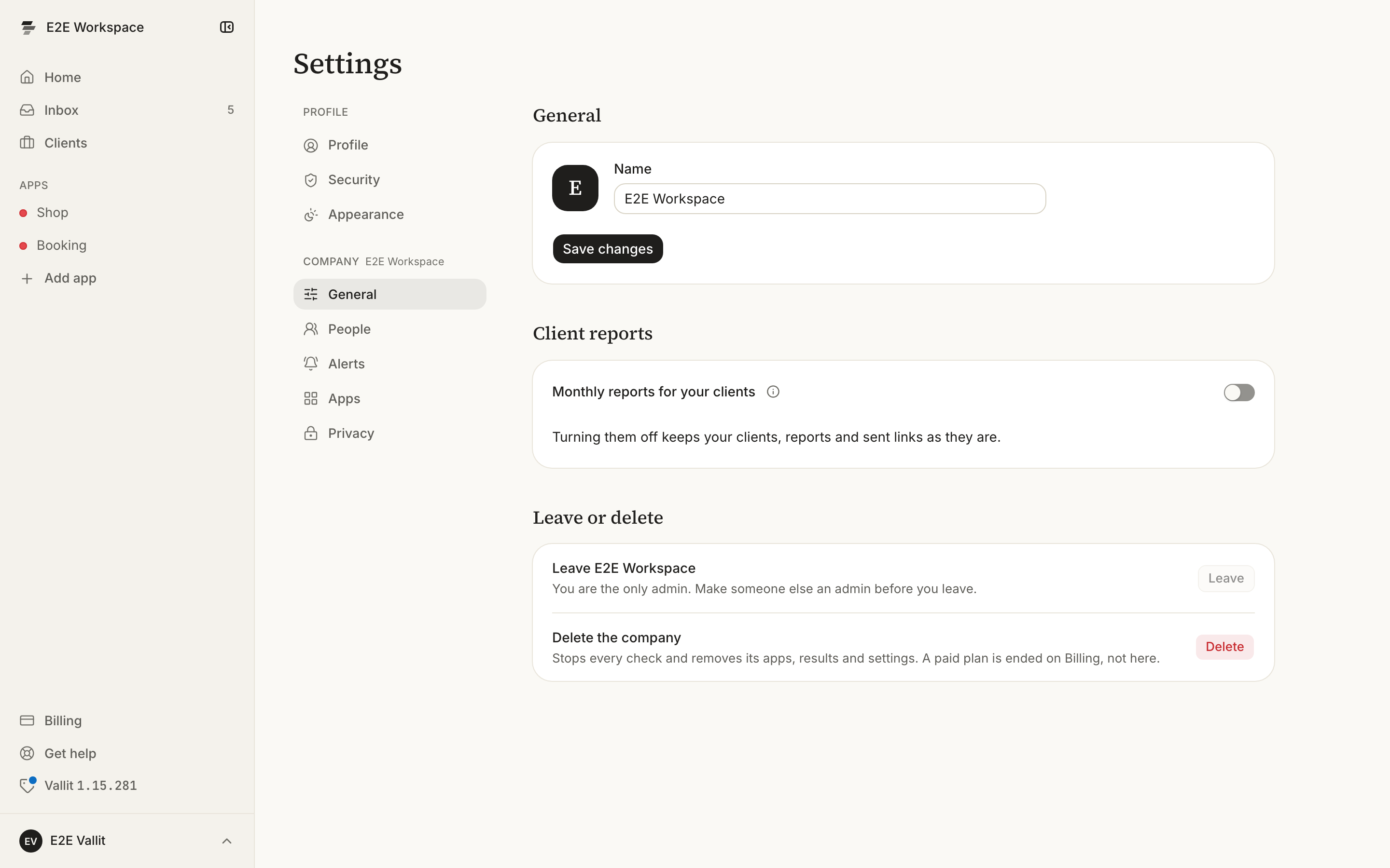 The Company settings: the list of sections beside the page, General, People, Alerts and Apps (ringed), with the company's name and the Leave or delete section on the page.