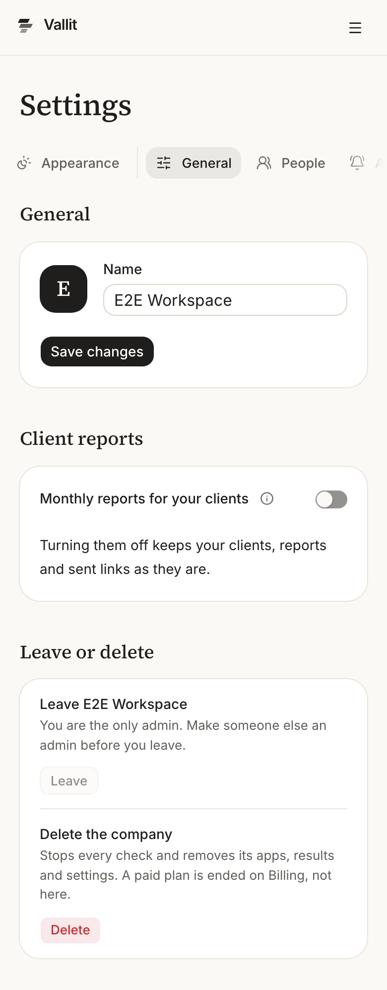 The Company settings: the list of sections beside the page, General, People, Alerts and Apps (ringed), with the company's name and the Leave or delete section on the page. On a phone.