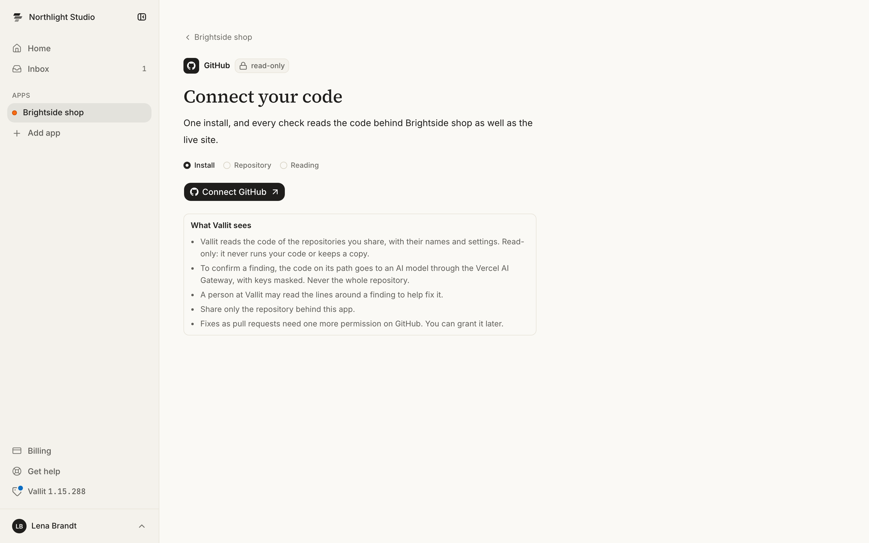 The Connect your code page for an app without a plan: GitHub marked read-only, the line Reading your code is part of a plan, and See plans.