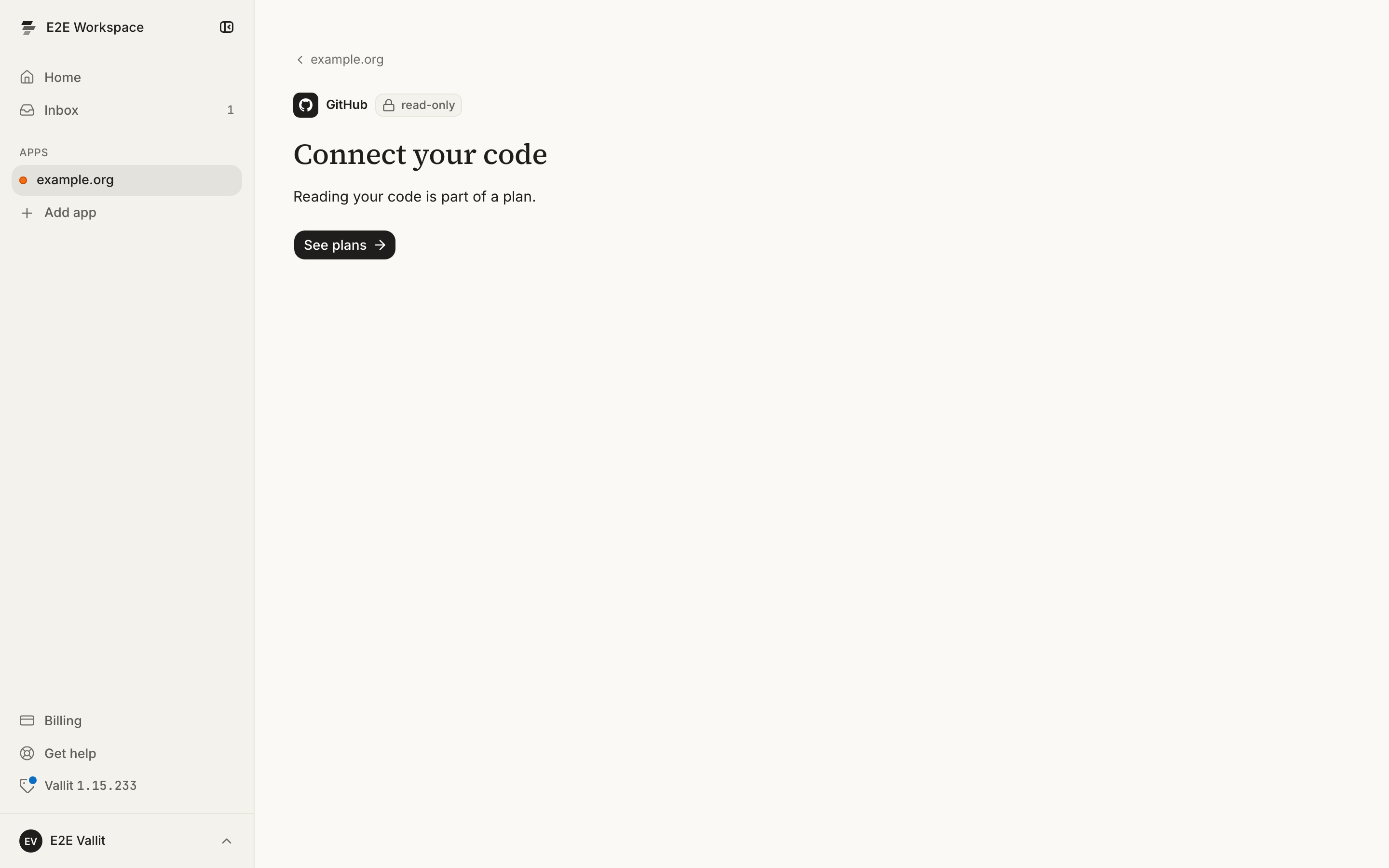 The Connect your code page for an app without a plan: GitHub marked read-only, the line Reading your code is part of a plan, and See plans.