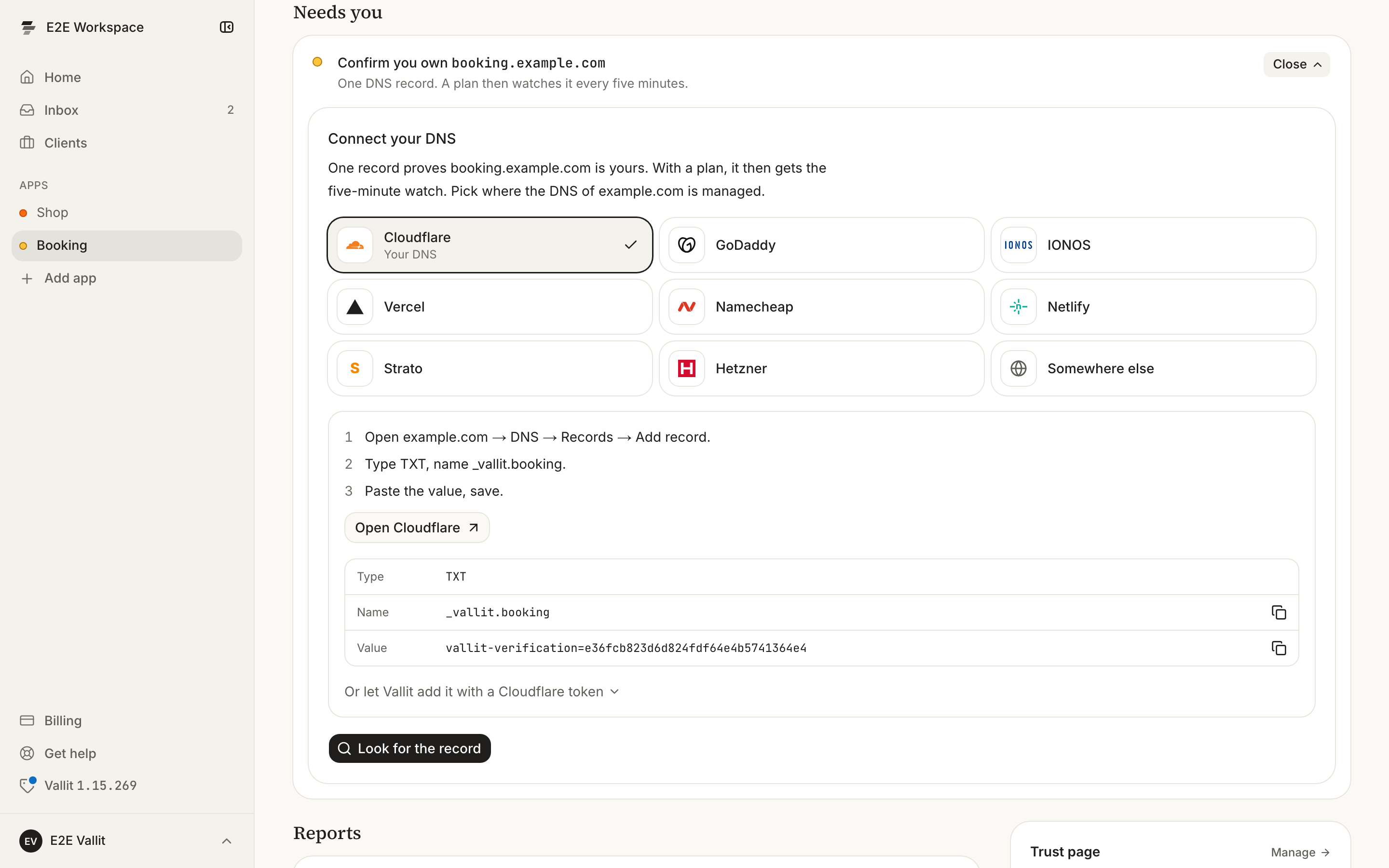 An app's page with the Confirm you own example.org row open under Needs you, and the Connect your DNS panel below it ringed.
