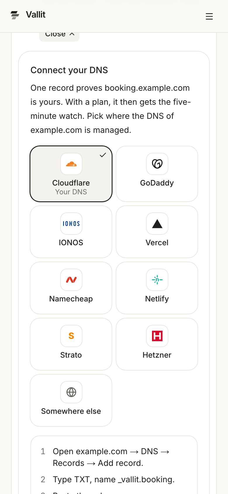 An app's page with the Confirm you own example.org row open under Needs you, and the Connect your DNS panel below it ringed. On a phone.