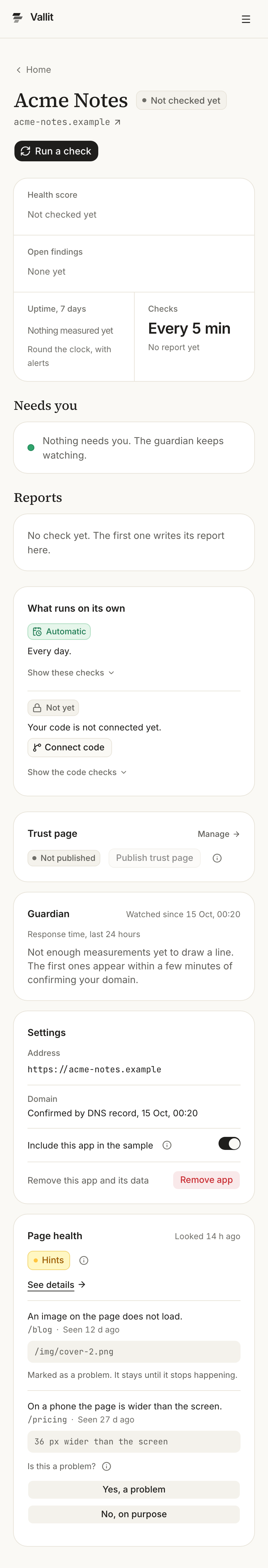 An app's page with the Page health card ringed at the end of the side column: the word Hints, then each Hint with its page and two answers. On a phone.