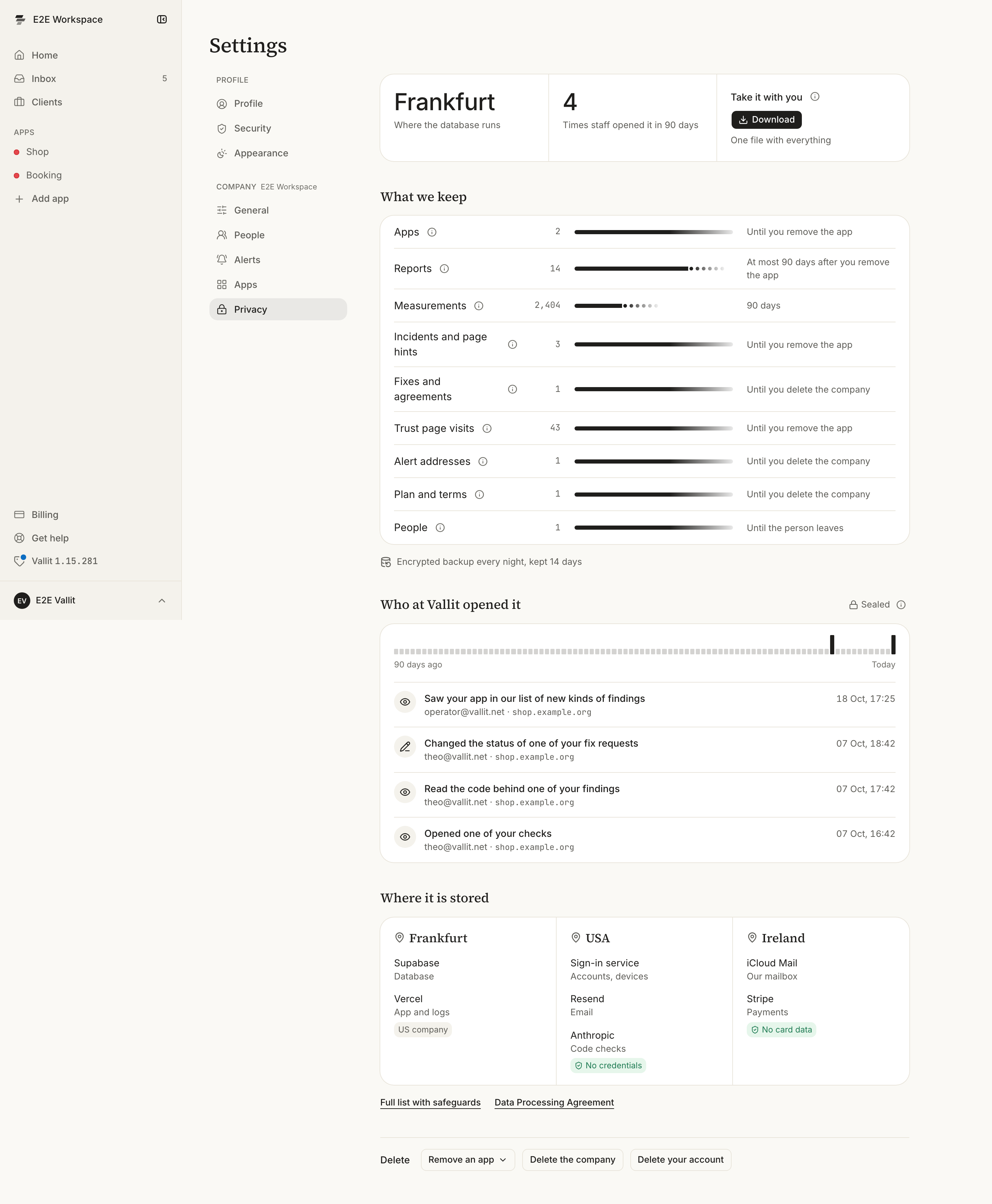 The Privacy page: the row at the top (ringed) shows Frankfurt, how often staff opened the data in 90 days, and the Download button.