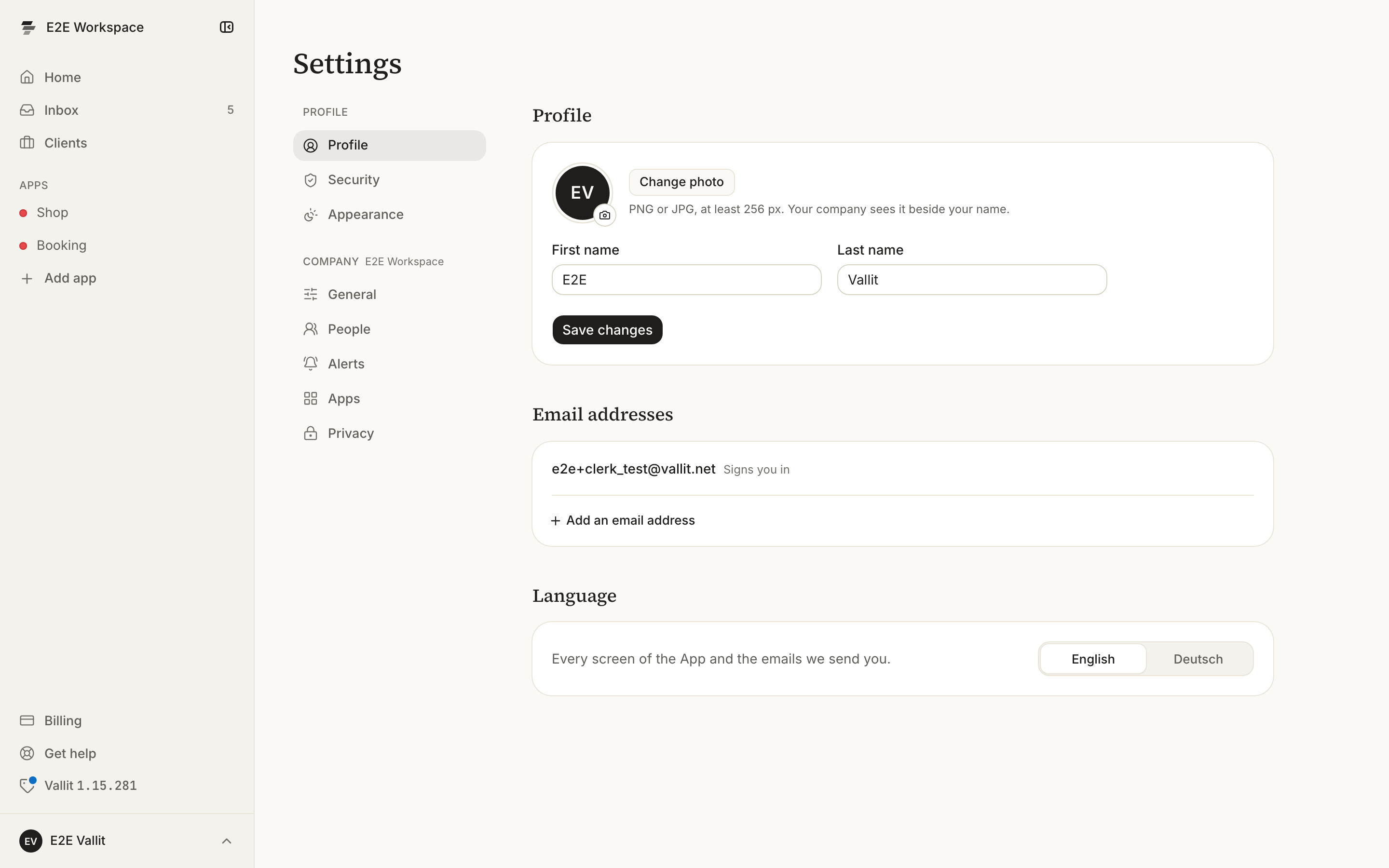 The Profile page: your photo and name under Profile (2) and the Add an email address button under Email addresses (4).