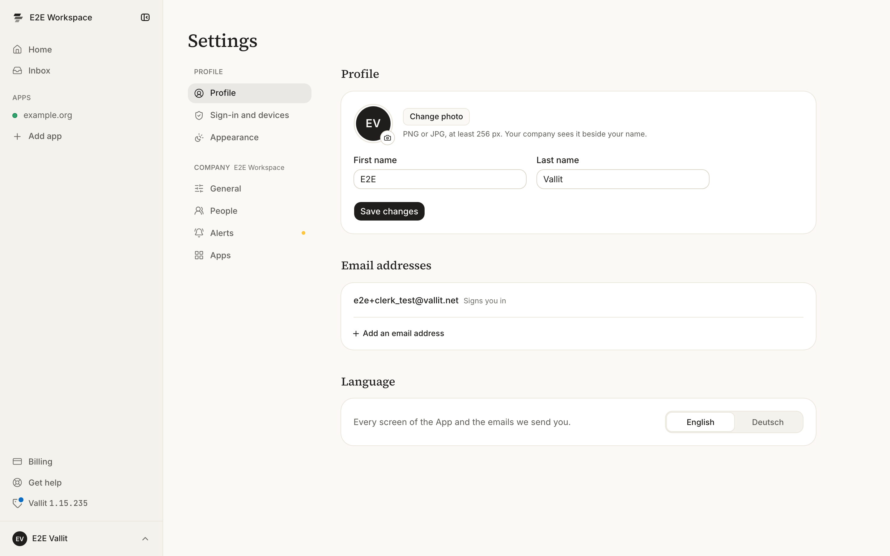 The Profile page: your photo and name under Profile (2) and the Add an email address button under Email addresses (4).
