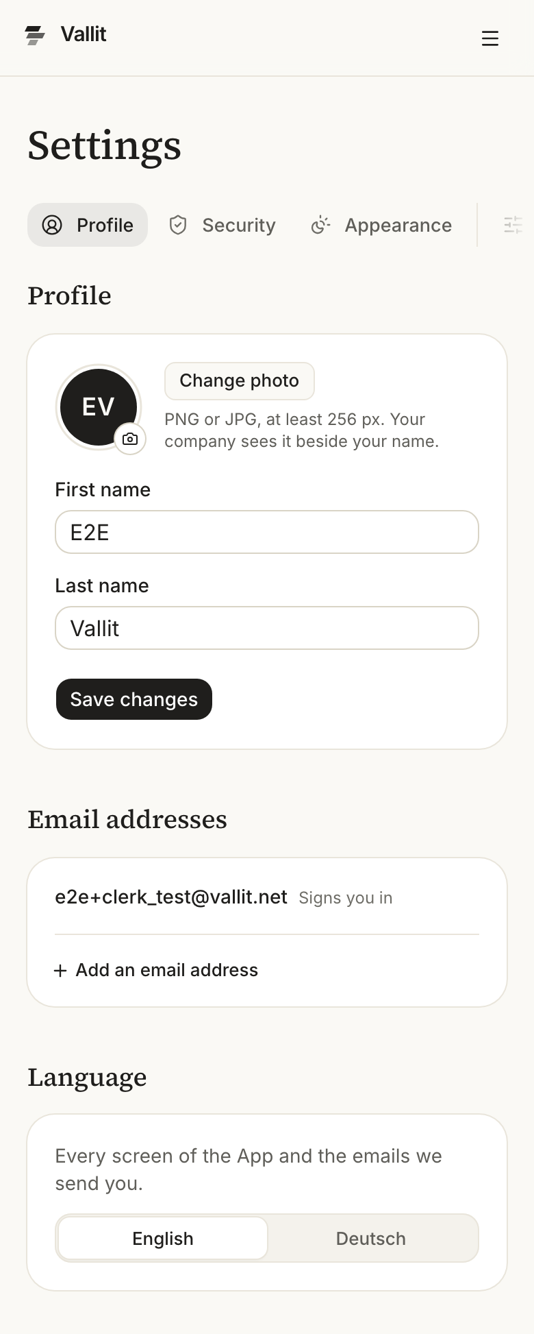 The Profile page: your photo and name under Profile (2) and the Add an email address button under Email addresses (4). On a phone.