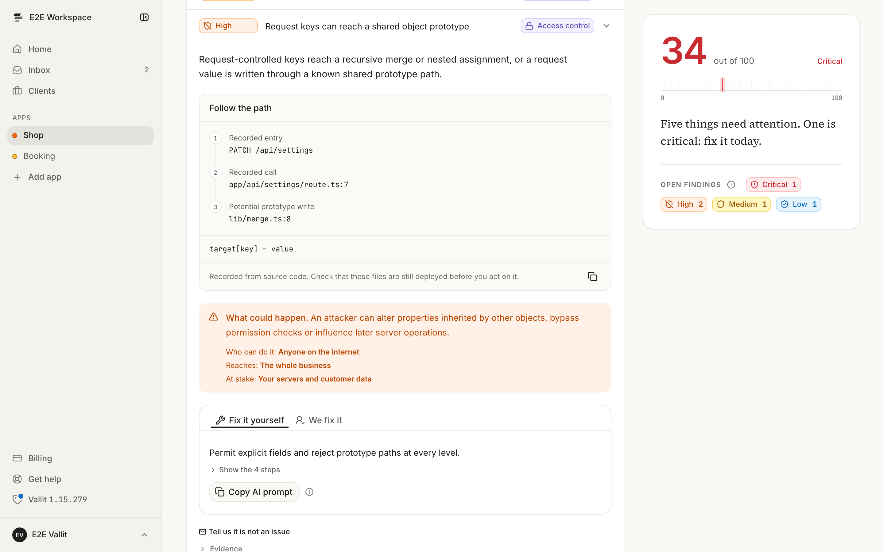 An open code finding with its recorded path (5) and Copy location button (6).