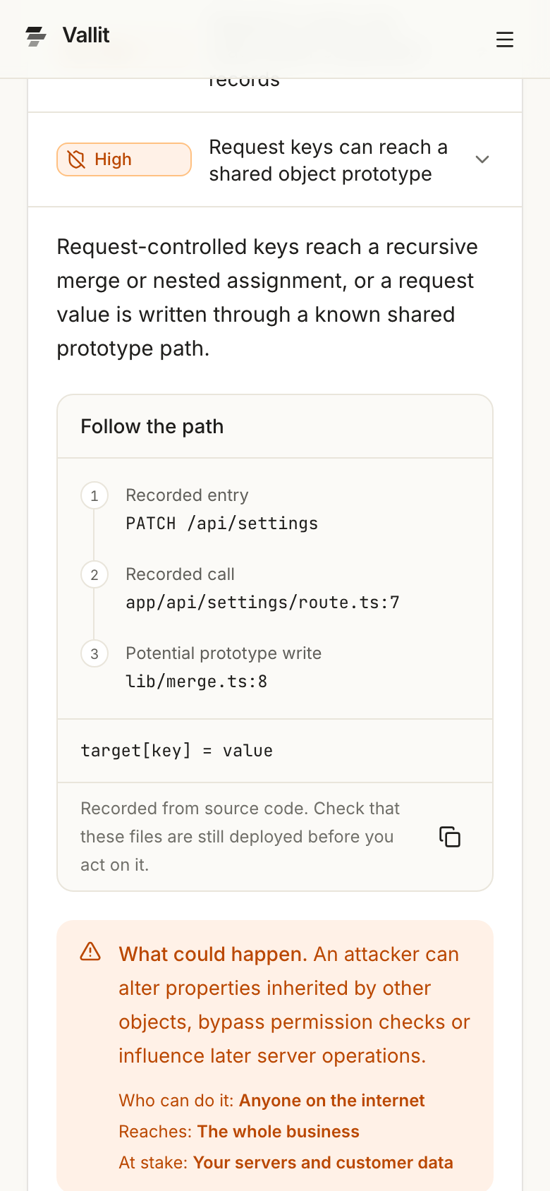 An open code finding with its recorded path (5) and Copy location button (6). On a phone.