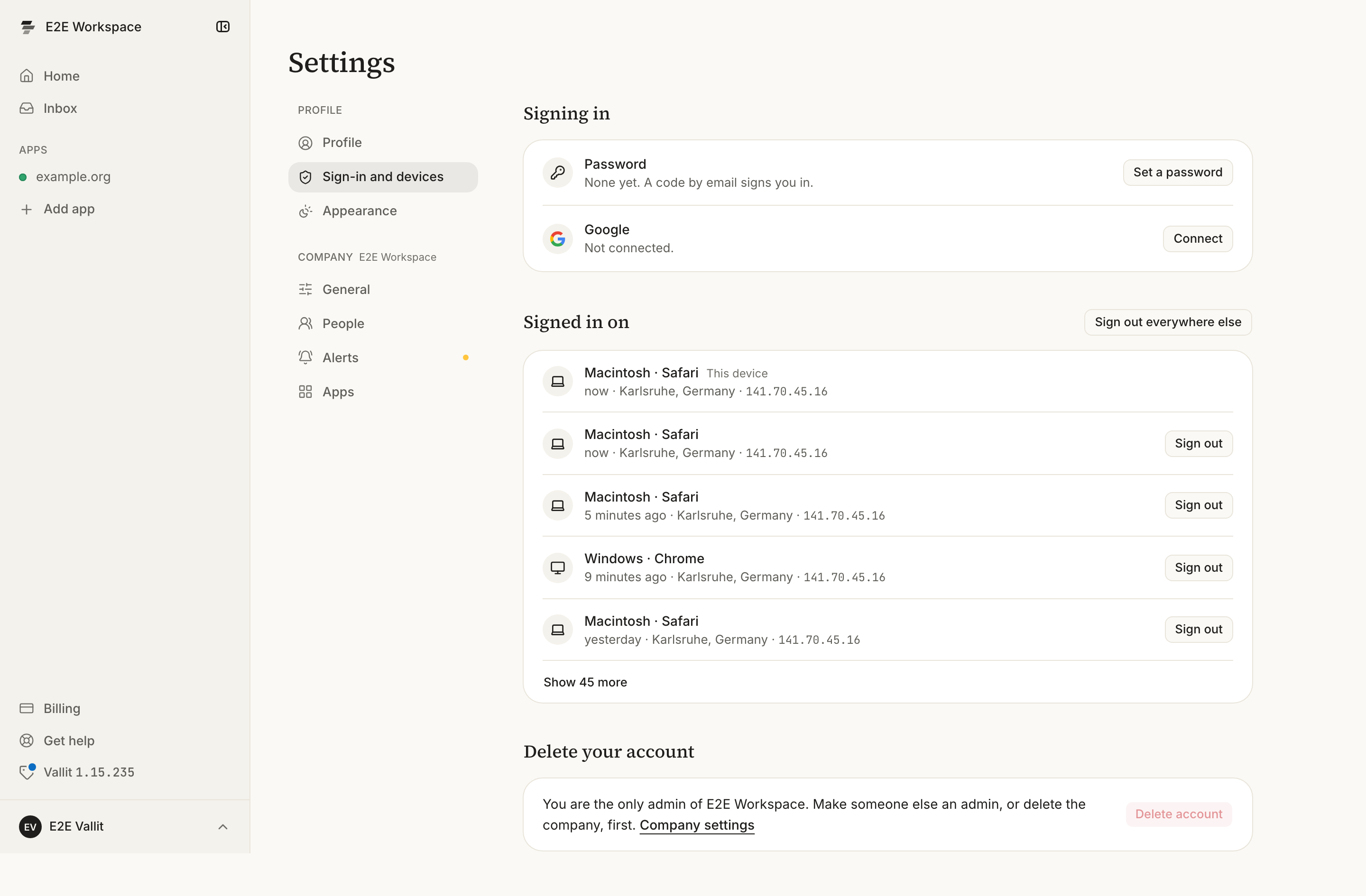 The Sign-in and devices page: Signing in with the password row (6), Signed in on with your devices (7) and the Delete account button (9).