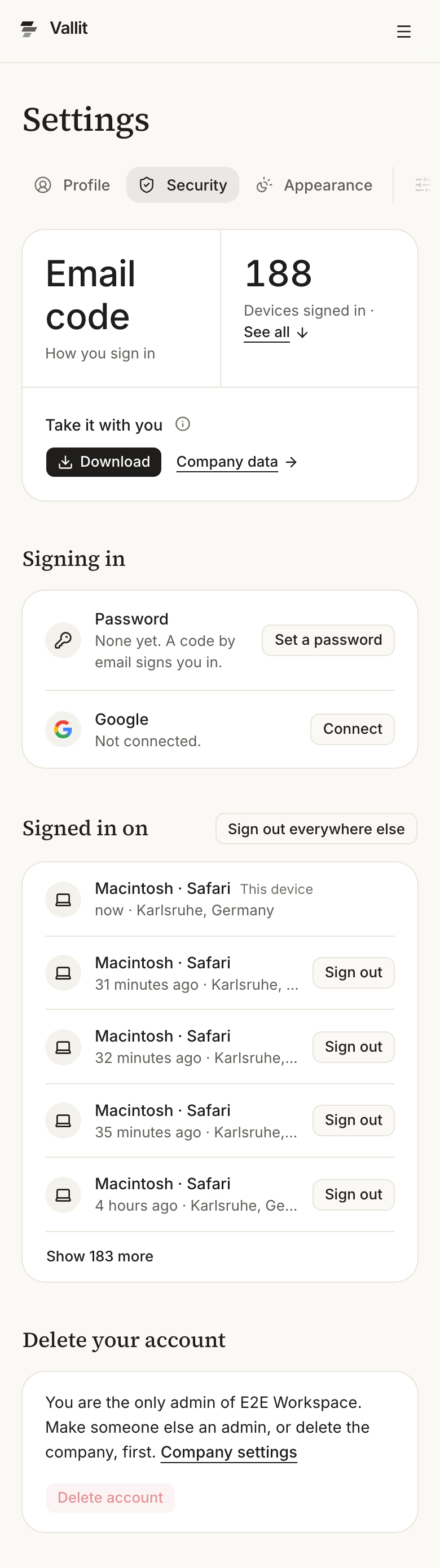 The Sign-in and devices page: Signing in with the password row (6), Signed in on with your devices (7) and the Delete account button (9). On a phone.