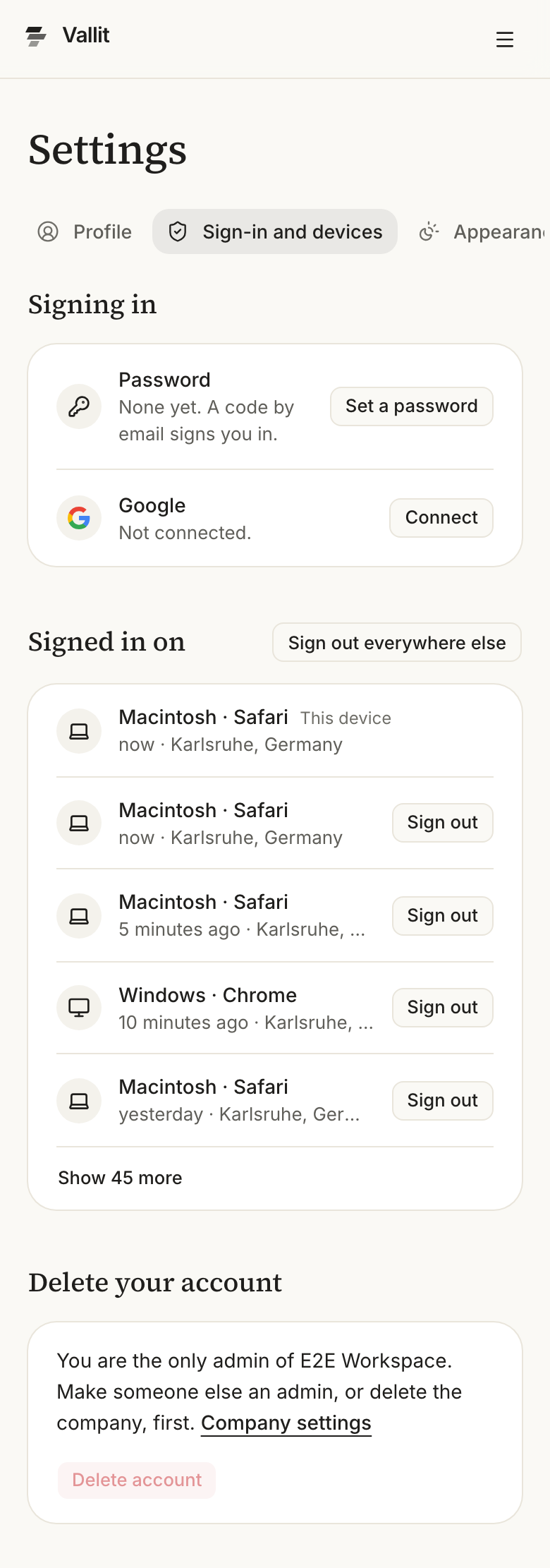 The Sign-in and devices page: Signing in with the password row (6), Signed in on with your devices (7) and the Delete account button (9). On a phone.