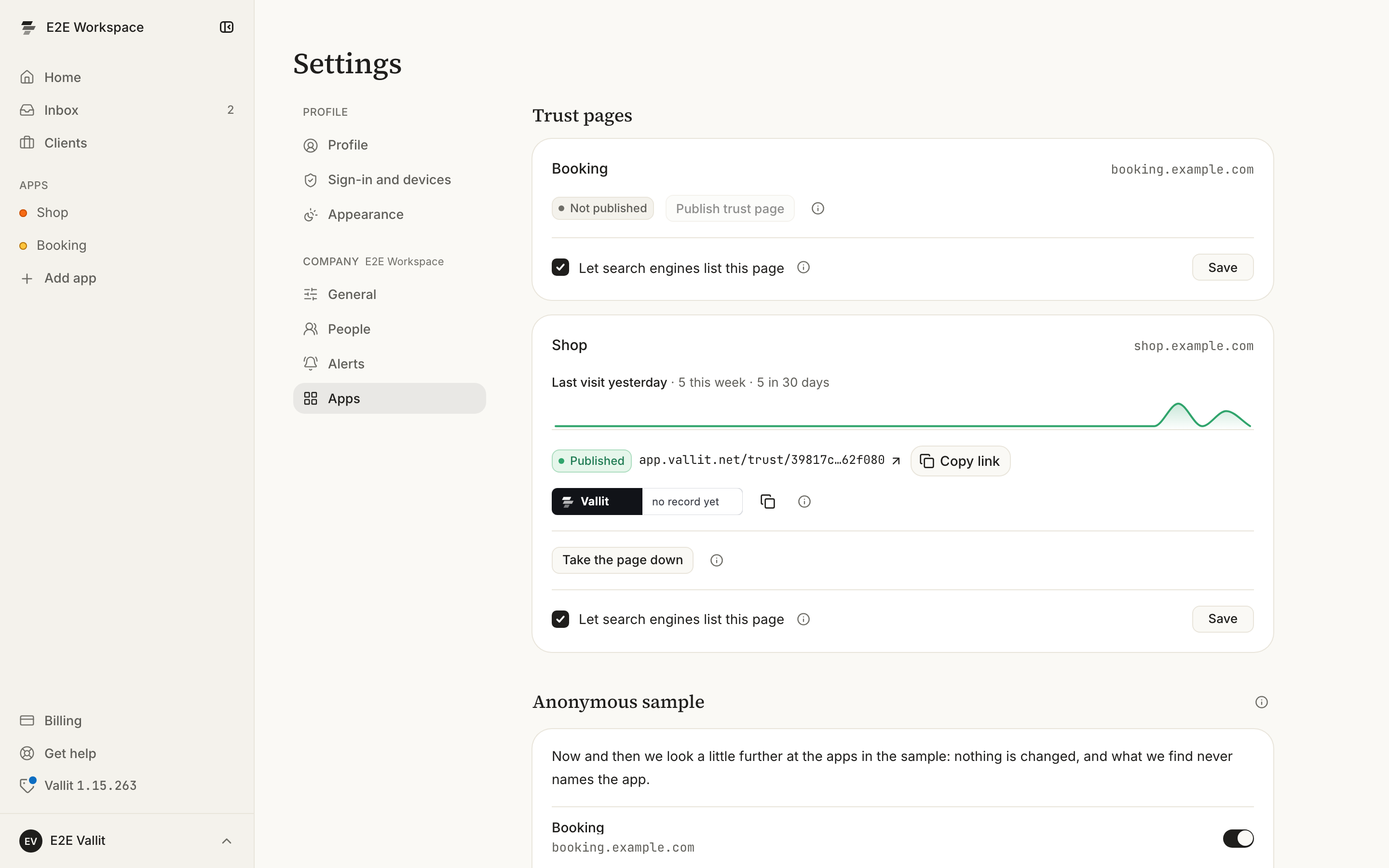 The Apps section of the company settings with the Trust pages section ringed: the app's visits, its Published pill, the link, the badge and the search engine setting.