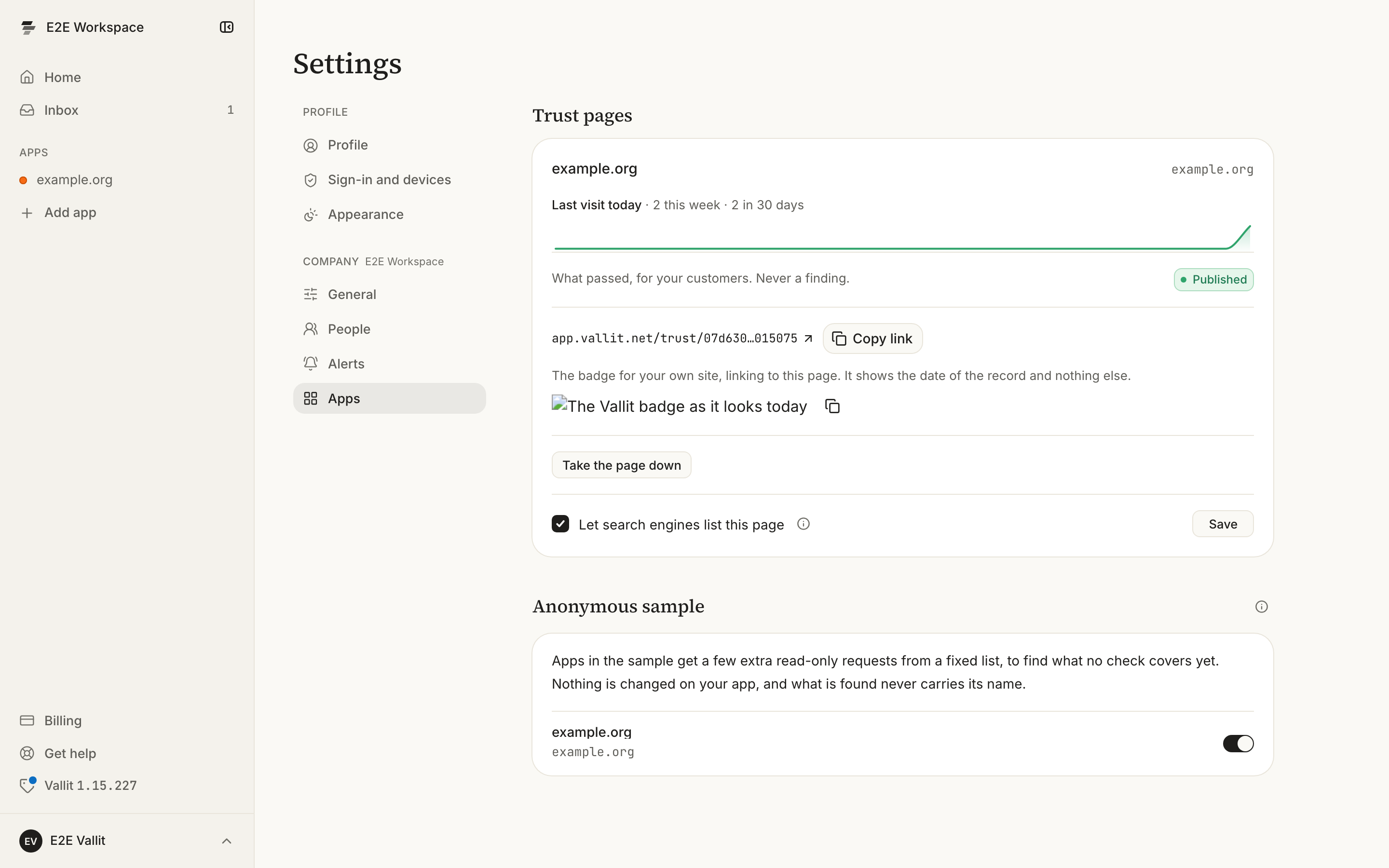 The Apps section of the company settings with the Trust pages section ringed: the app's visits, its Published pill, the link, the badge and the search engine setting.