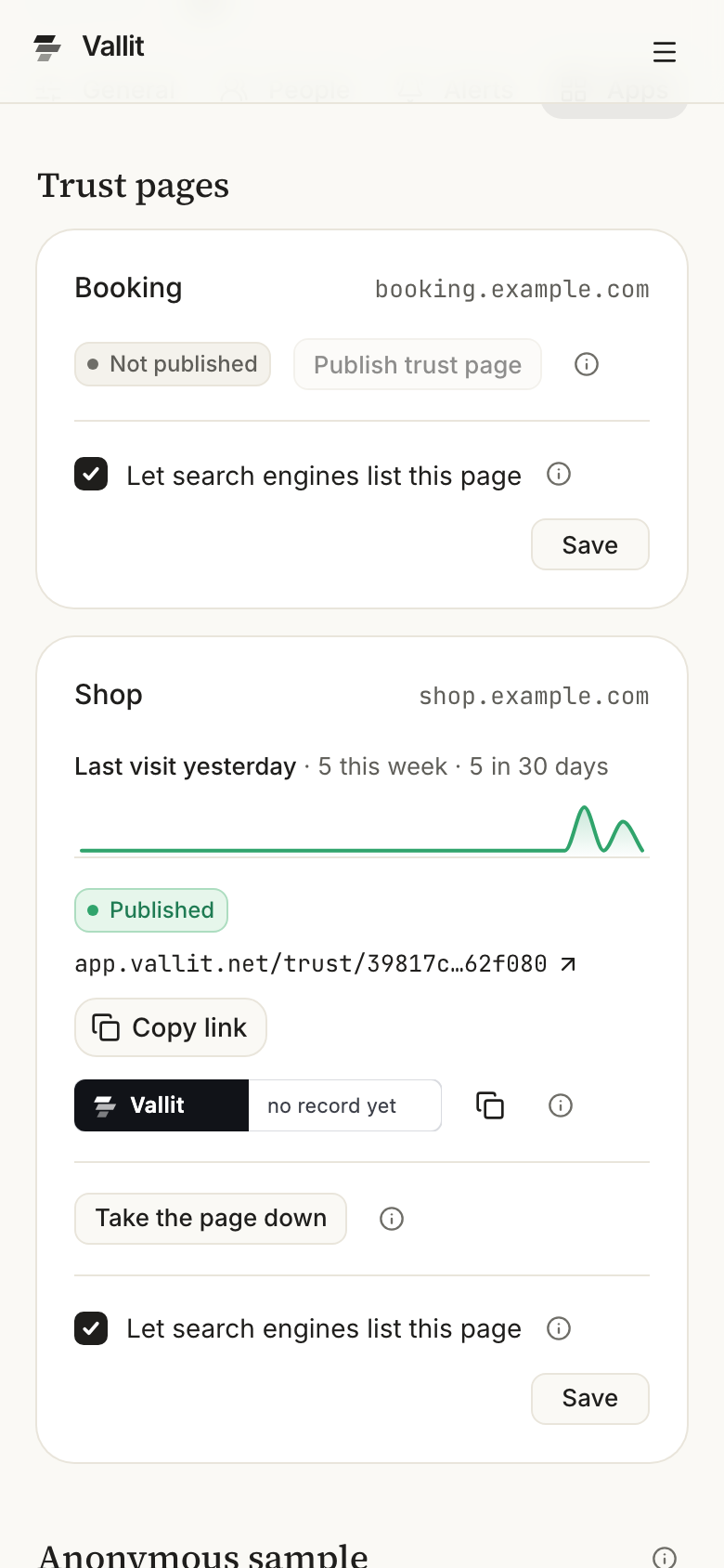 The Apps section of the company settings with the Trust pages section ringed: the app's visits, its Published pill, the link, the badge and the search engine setting. On a phone.