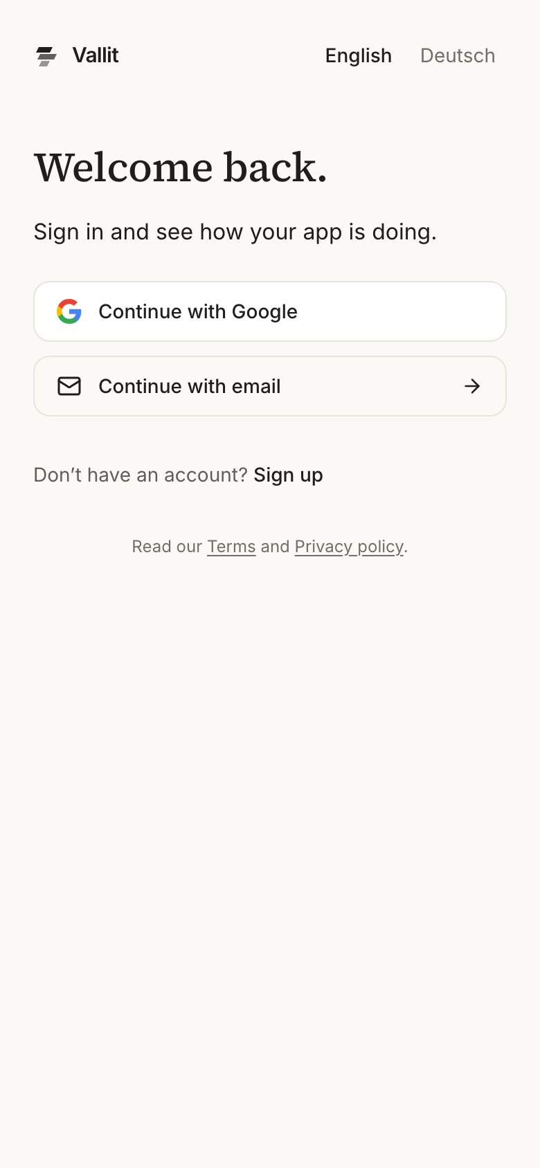 The sign-in page headed Welcome back: a button for each way in, ending with Continue with email (1), and the Sign up link below them. On a phone.