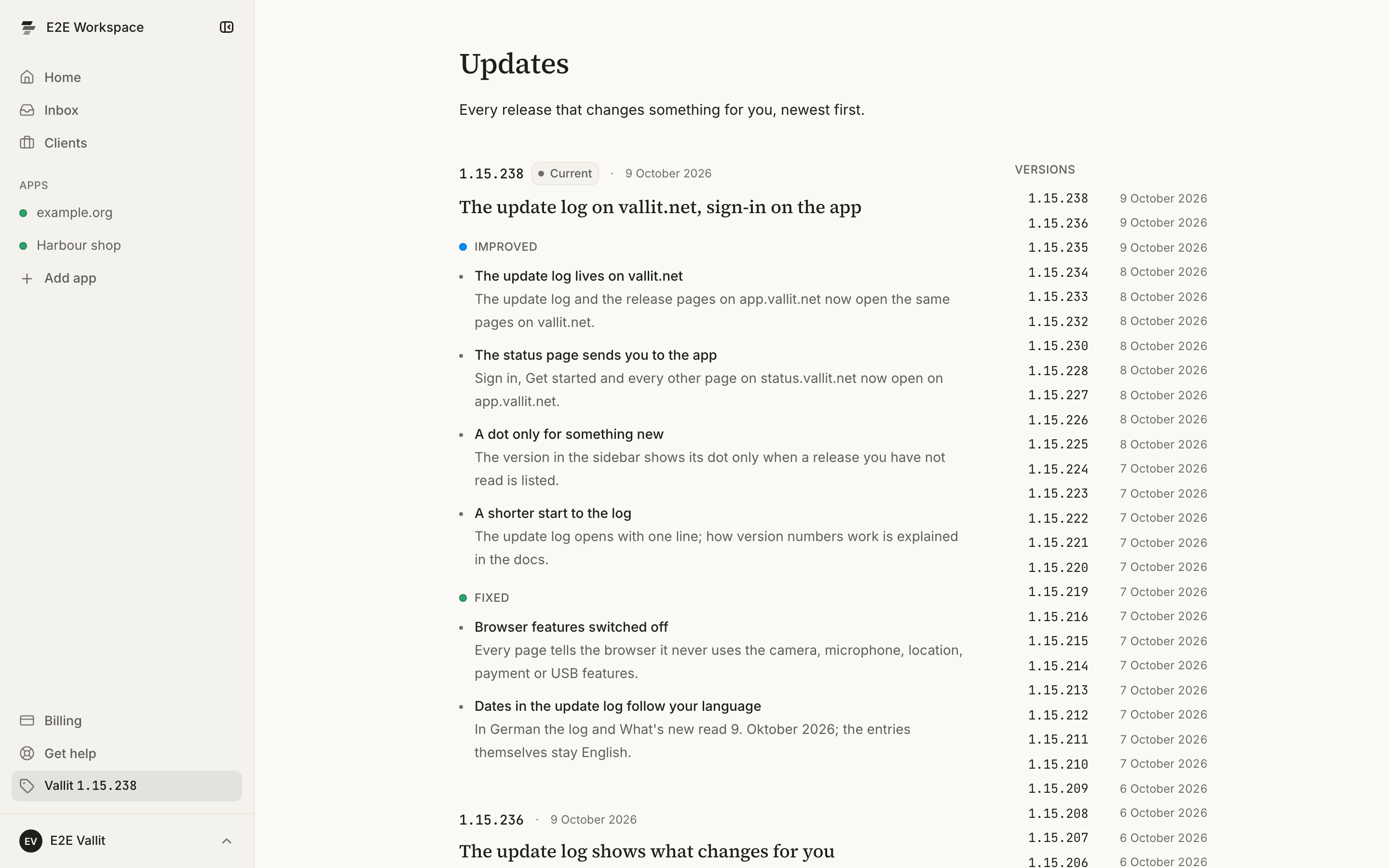 The update log inside the app: the release list, newest first, with the entry of the build you are on at the top (5).