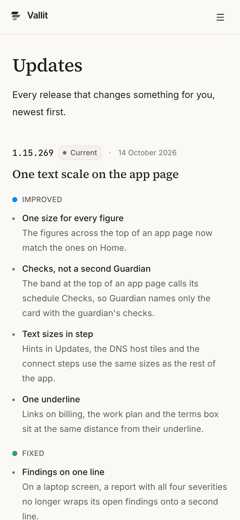 The update log inside the app: the release list, newest first, with the entry of the build you are on at the top (5). On a phone.