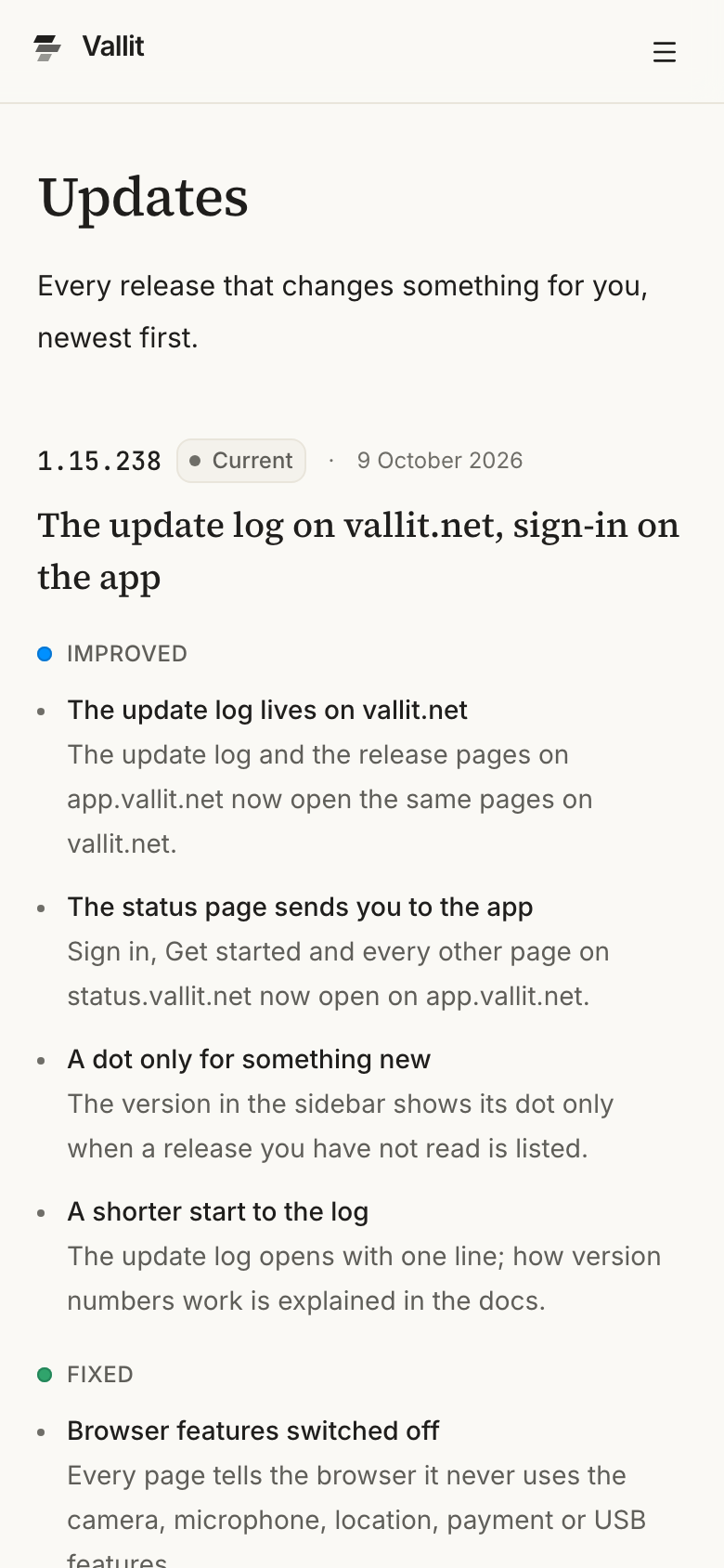 The update log inside the app: the release list, newest first, with the entry of the build you are on at the top (5). On a phone.