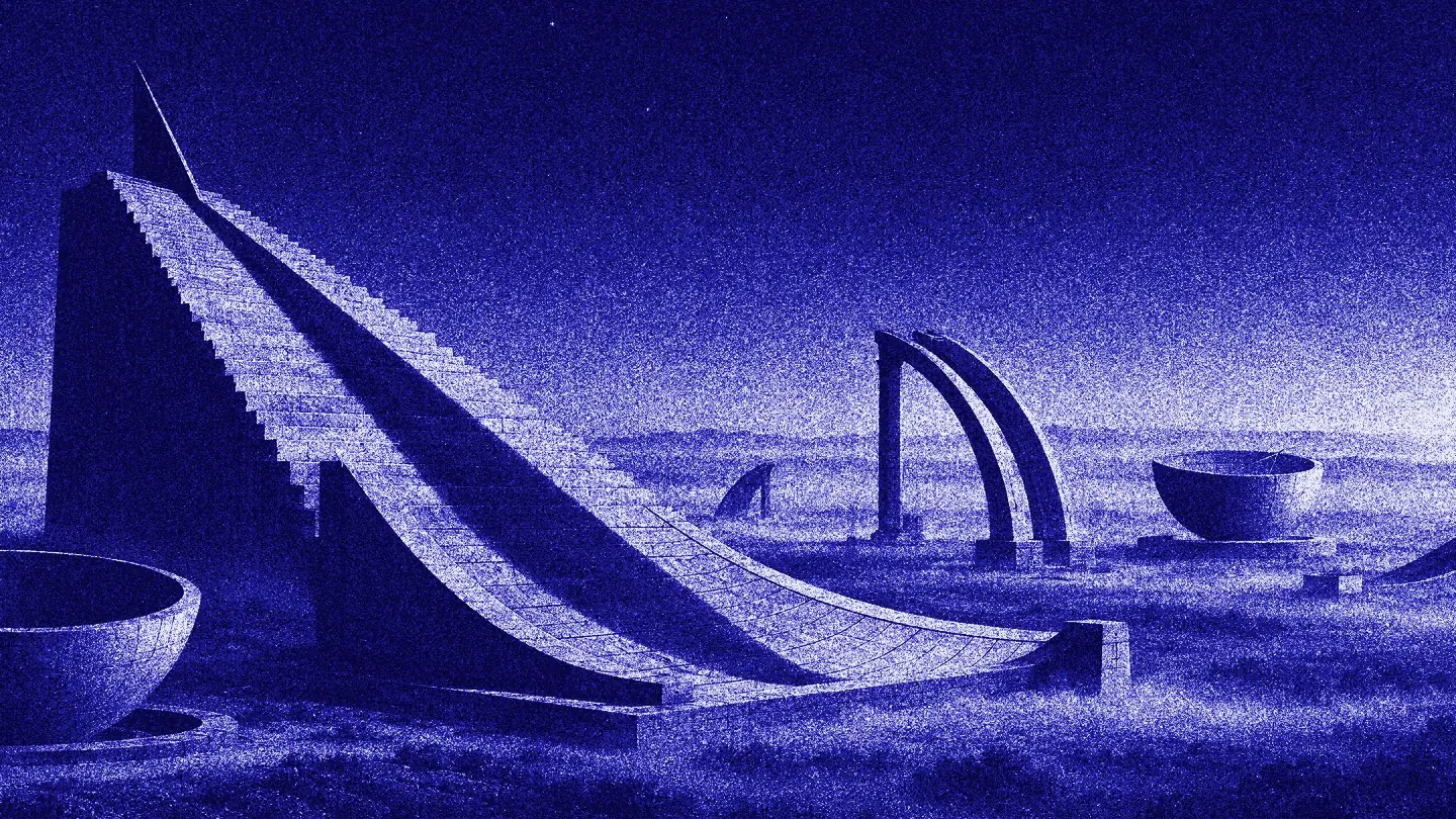 An open-air observatory of monumental stone instruments at dawn: a stair-shaped sundial whose shadow falls across a curved stone scale, fog over the plain.